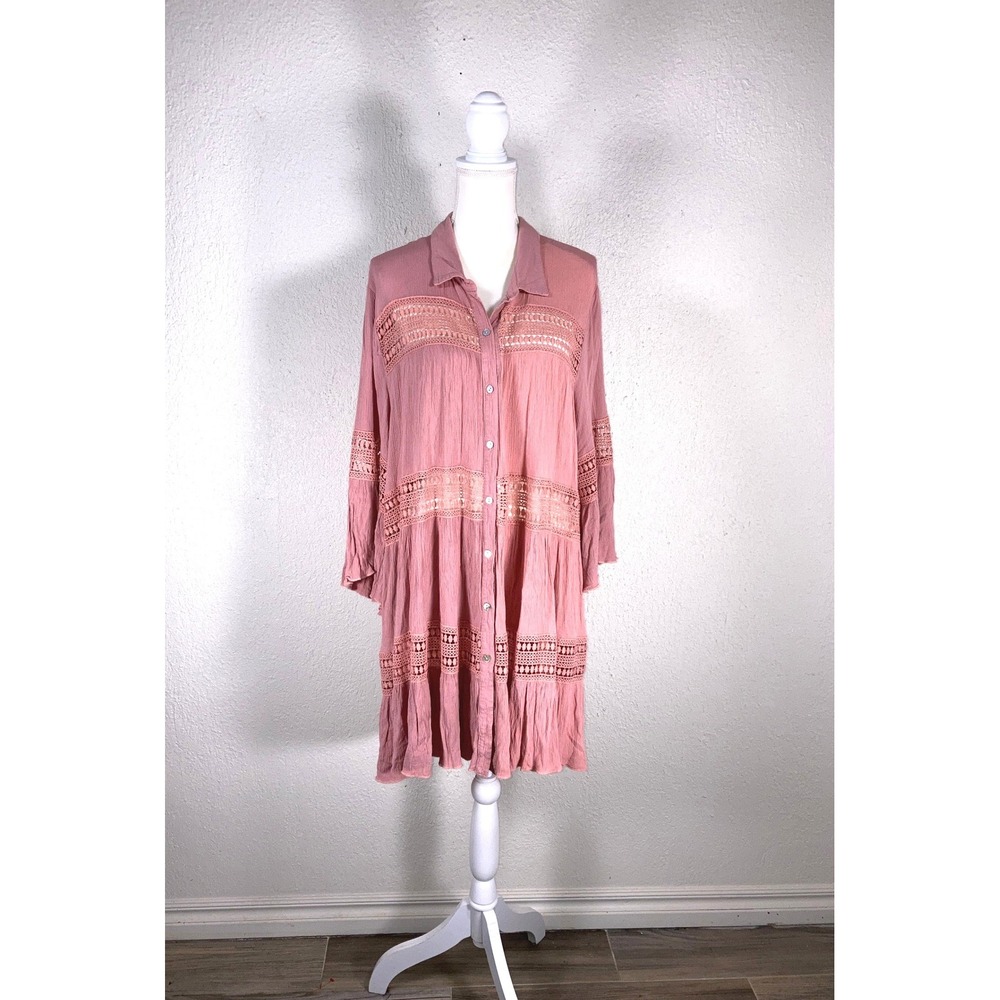 Cloth & Portrait Womens XXL Pink Gauze Crochet Lace Bell Sleeve Tunic Shirt Top